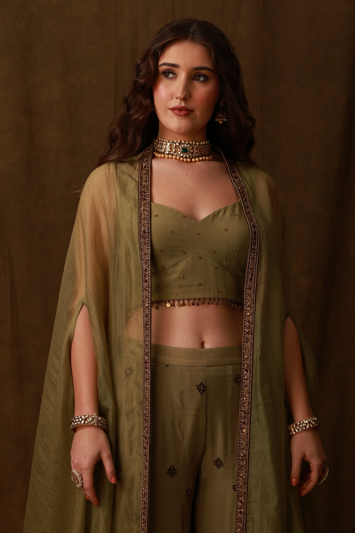 Zarkha Green Sharara Cape Set