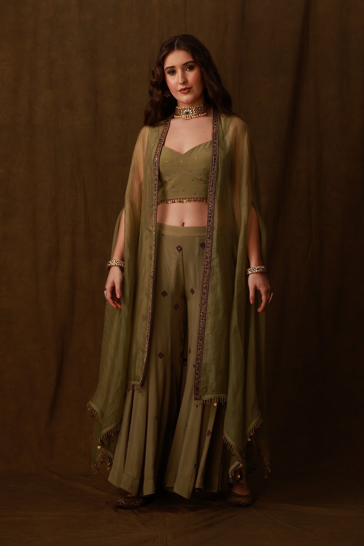Zarkha Green Sharara Cape Set