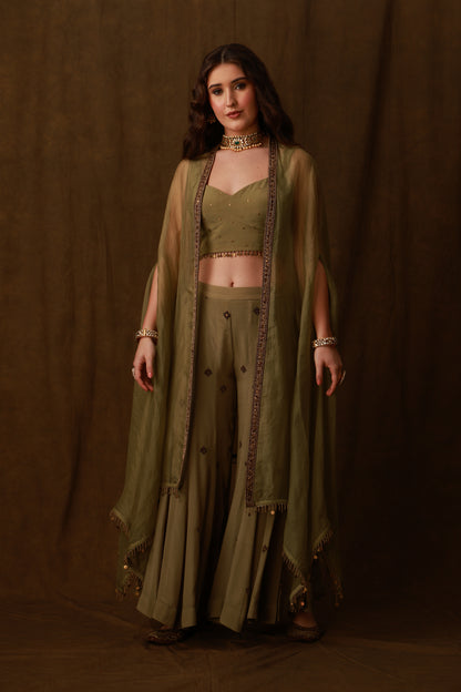 Zarkha Green Sharara Cape Set
