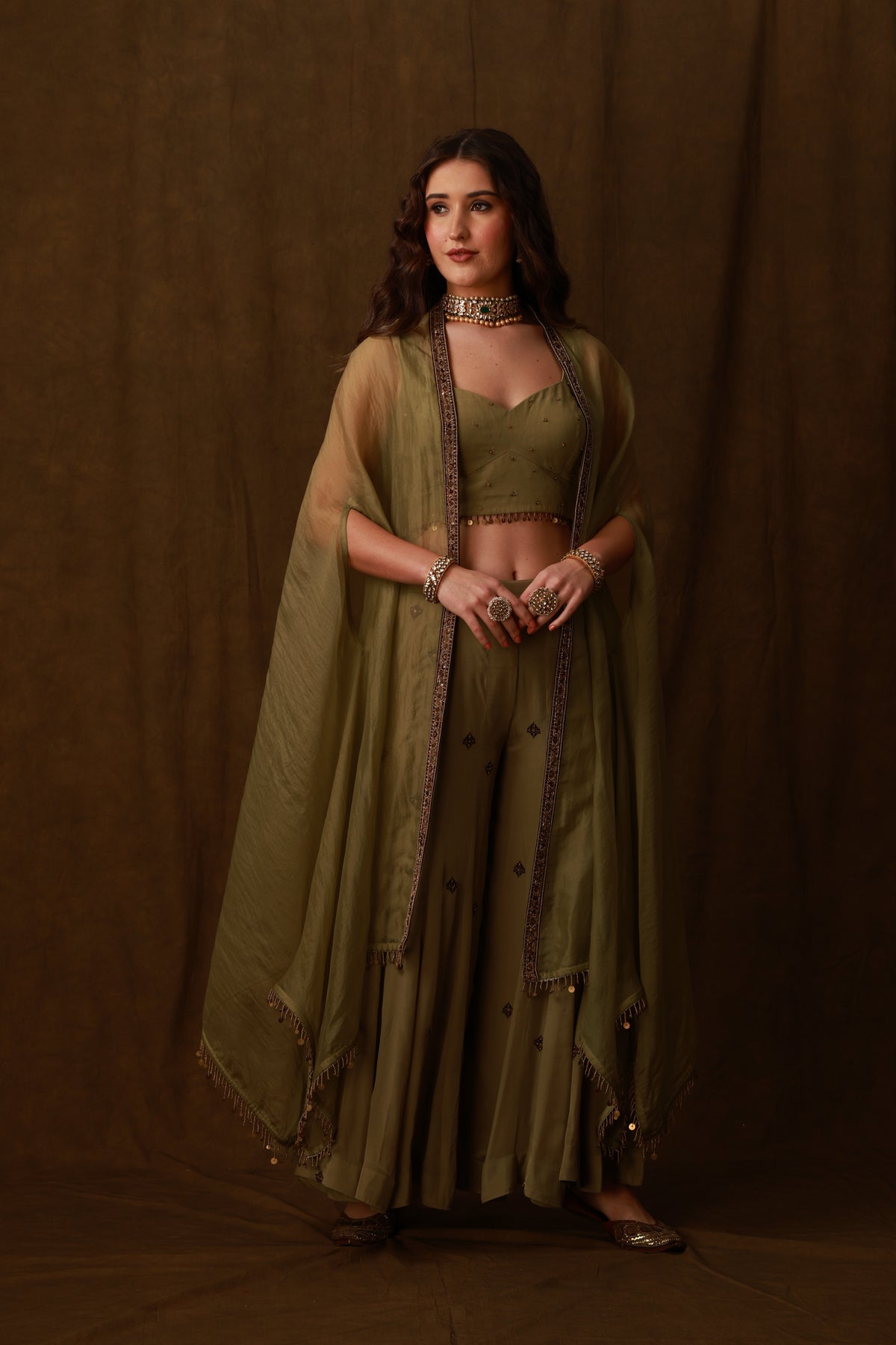 Zarkha Green Sharara Cape Set