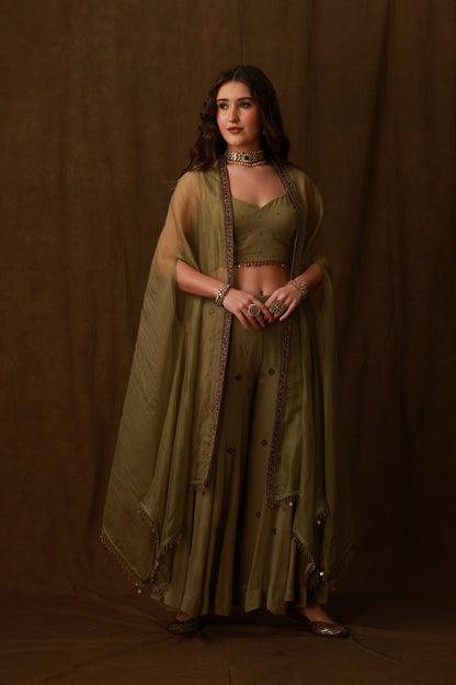 Zarkha Green Sharara Cape Set