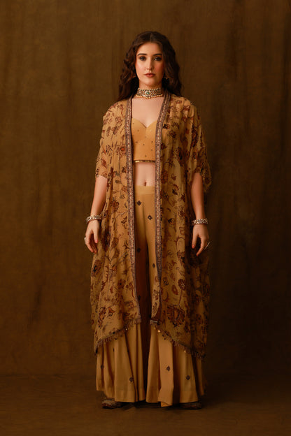 Zarkha Gold Sharara Cape Set