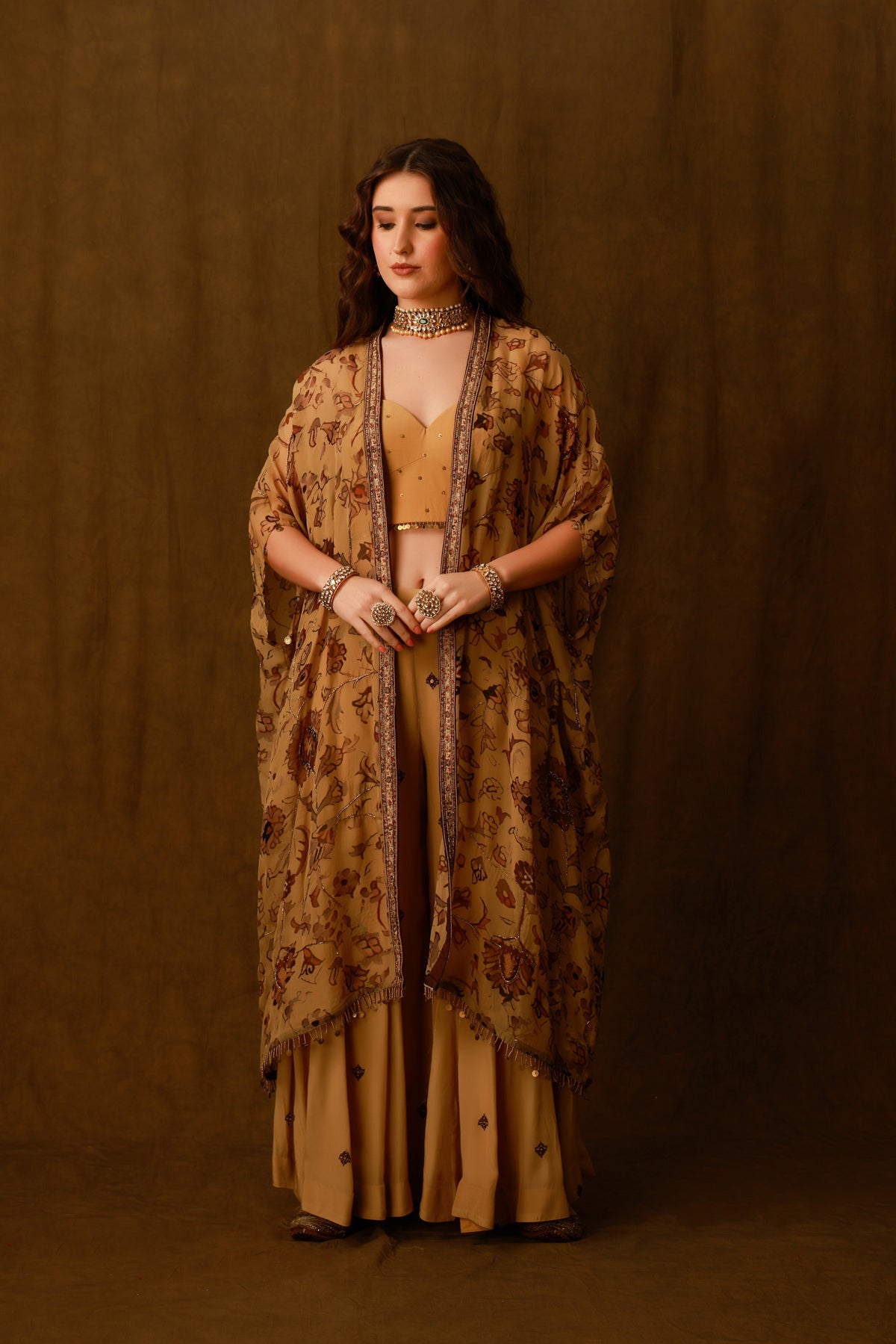 Zarkha Gold Sharara Cape Set