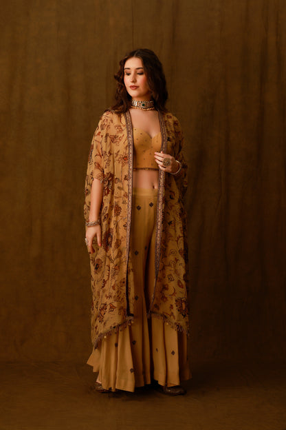 Zarkha Gold Sharara Cape Set