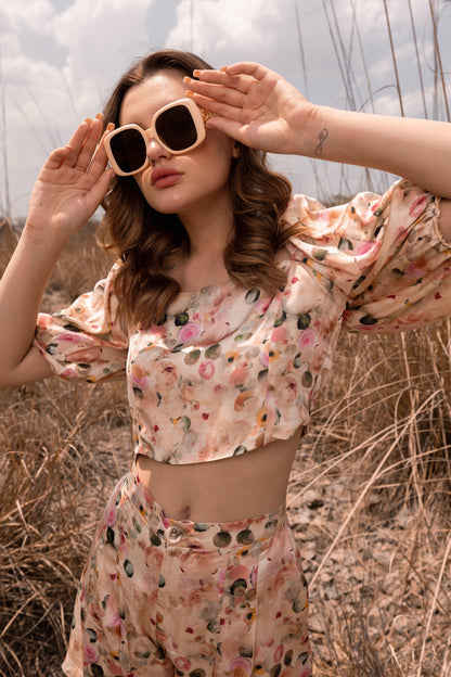 AFRIYA FLORAL WHISPERING PASTELS CROP TOP AND SHORTS CO-ORD SET