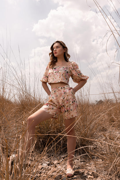 AFRIYA FLORAL WHISPERING PASTELS CROP TOP AND SHORTS CO-ORD SET