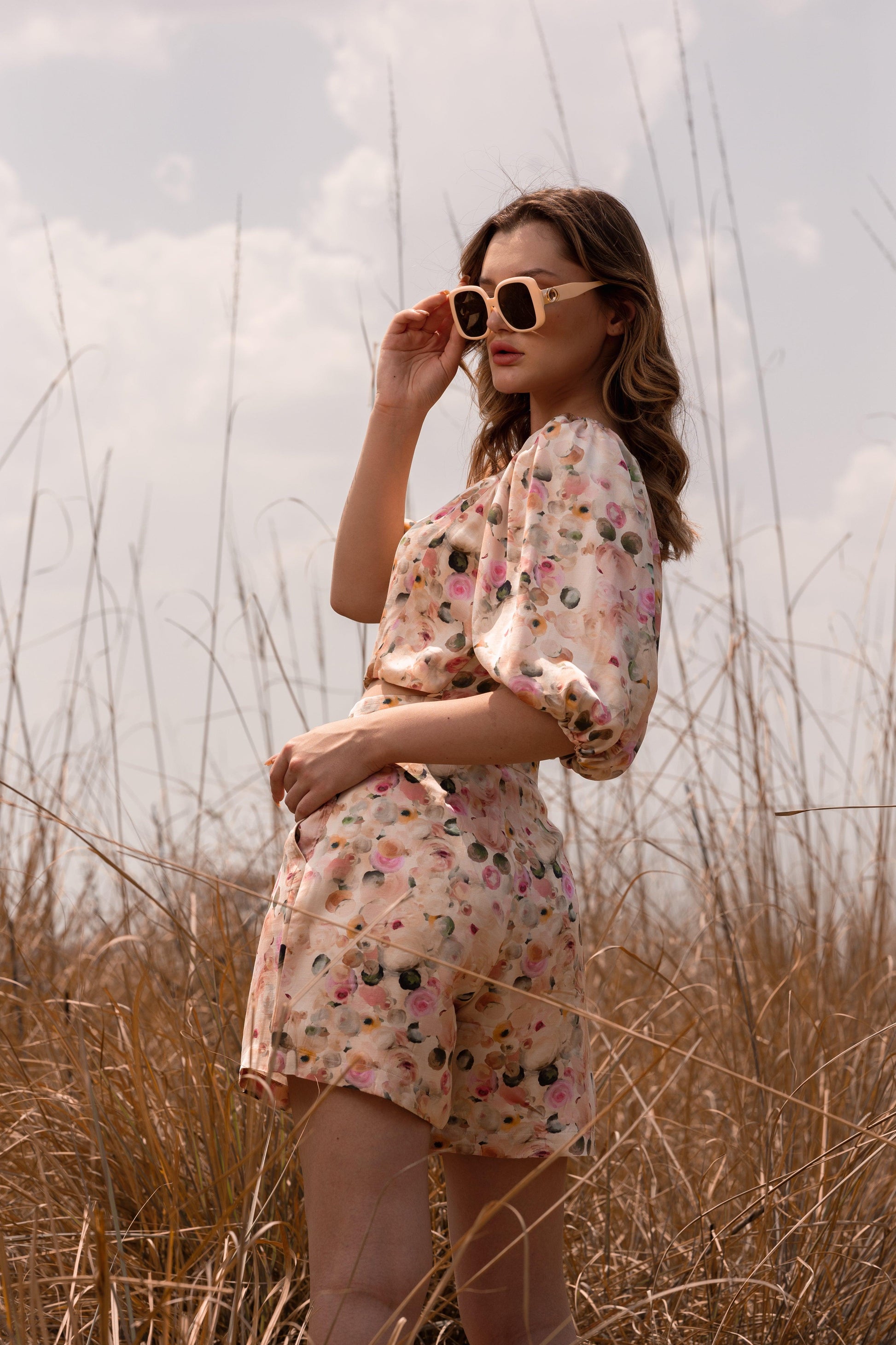 AFRIYA FLORAL WHISPERING PASTELS CROP TOP AND SHORTS CO-ORD SET
