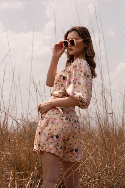 AFRIYA FLORAL WHISPERING PASTELS CROP TOP AND SHORTS CO-ORD SET