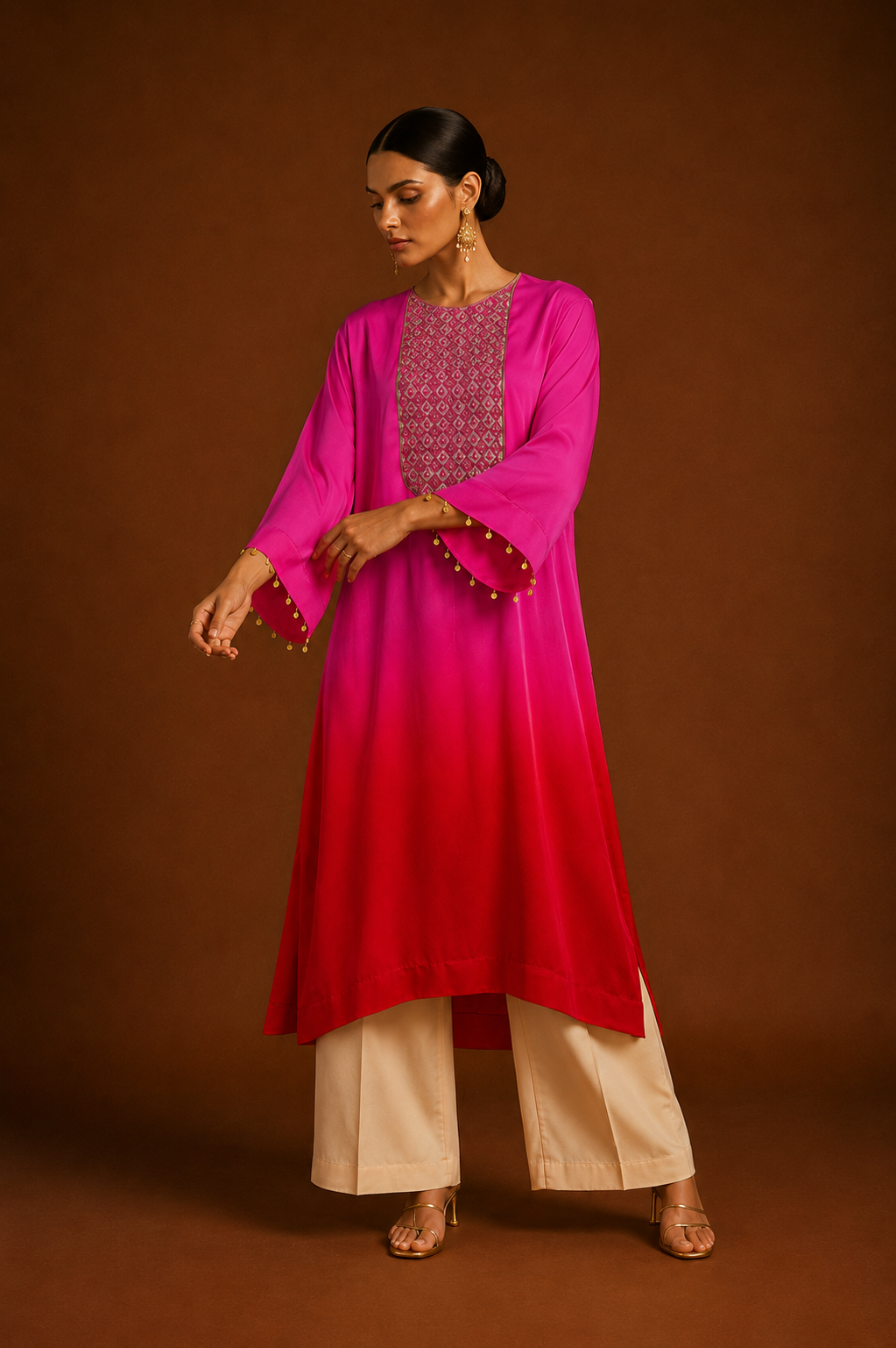 Hoor-e-Mahal Pink & Red Ombre Kaftan Set