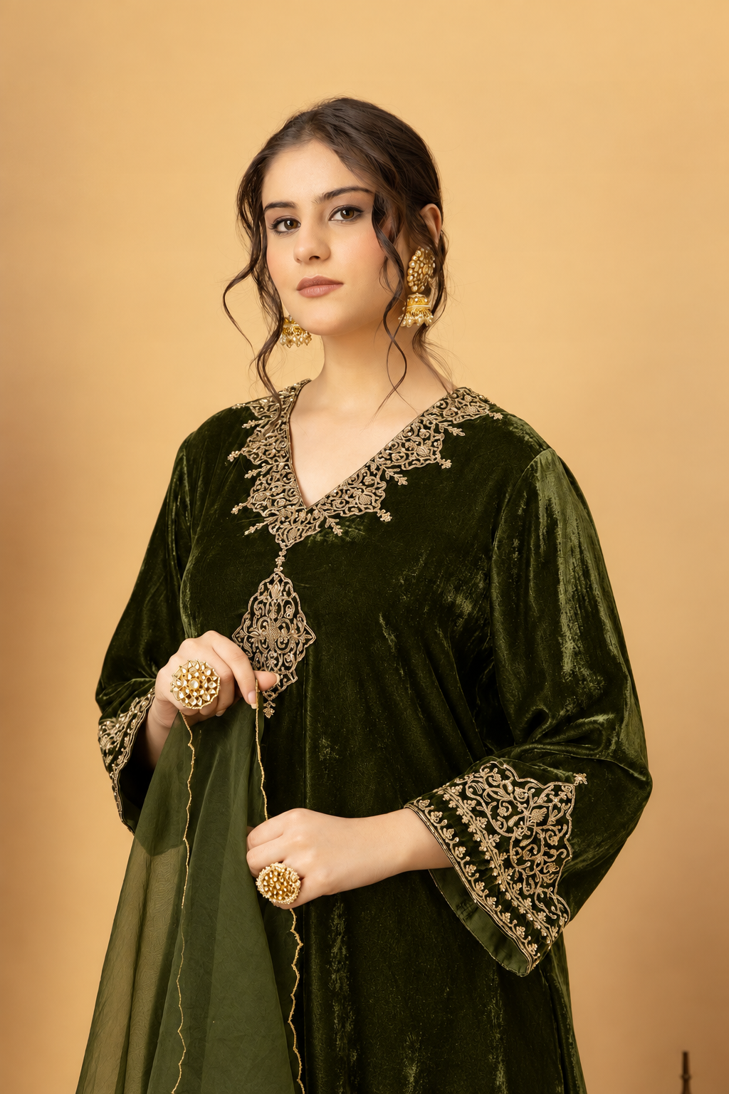 Zar-e-Makhmal Green V-Neck Kurta Set