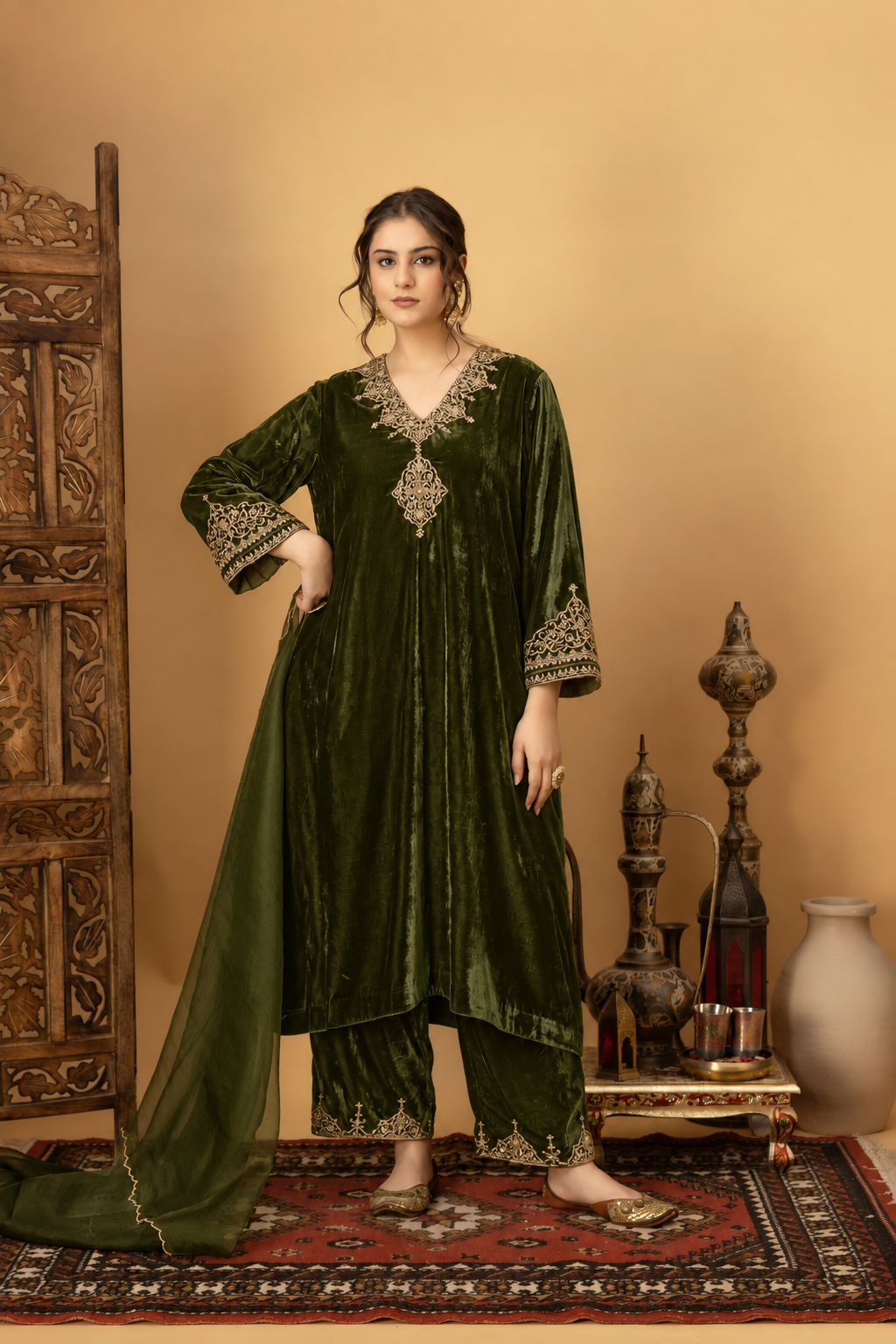 Zar-e-Makhmal Green V-Neck Kurta Set