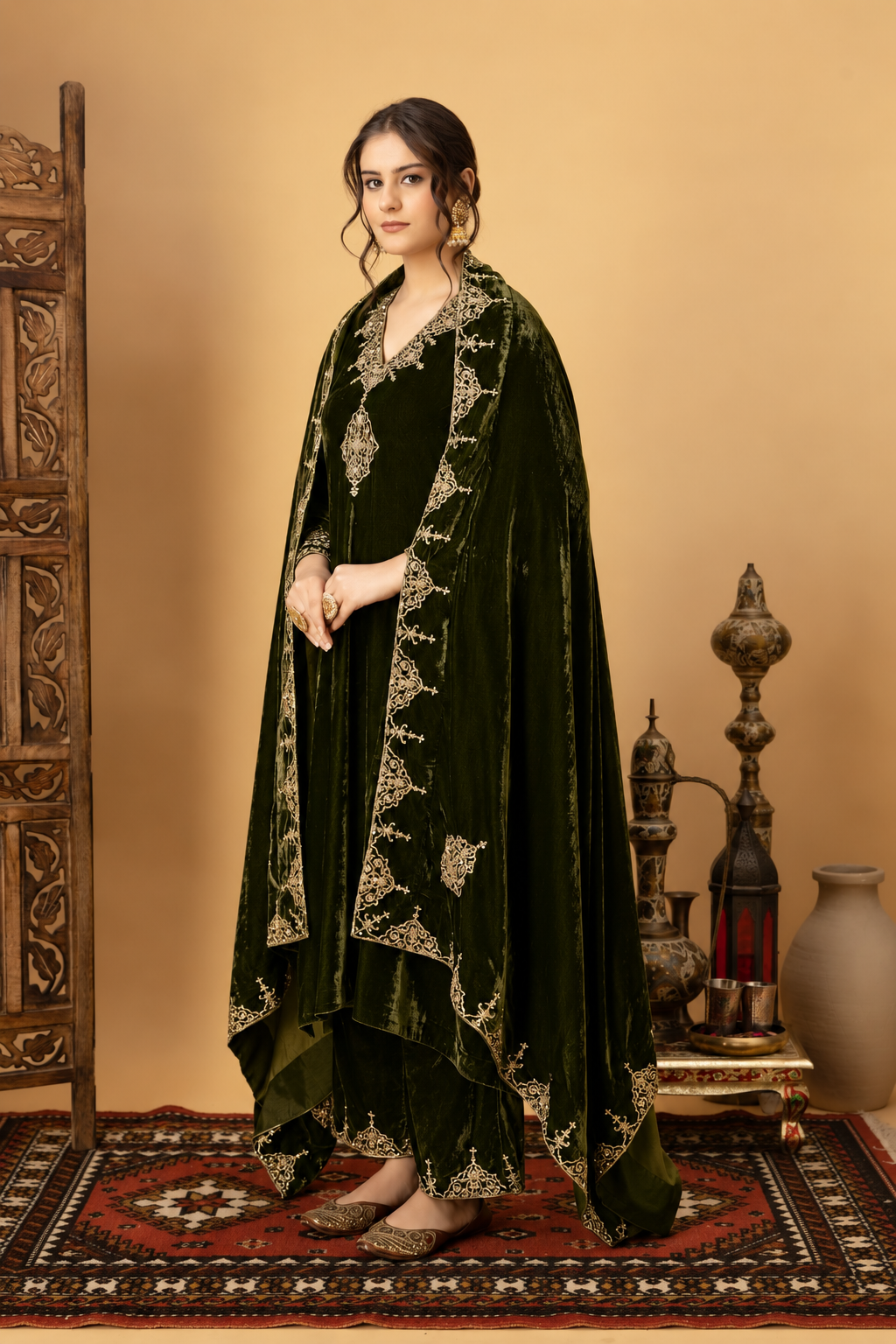 Zar-e-Makhmal Green Kurta Pant Set with Shawl