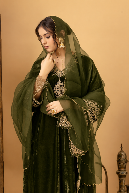Zar-e-Makhmal Green V-Neck Kurta Set