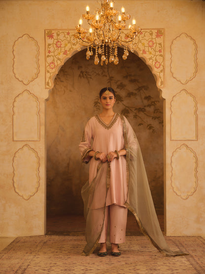 TAJRA PINK V-NECK A-LINE KURTA SET