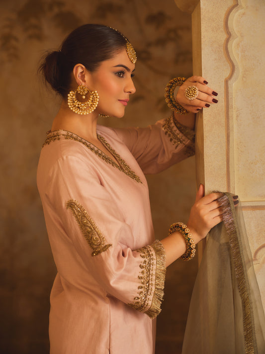 TAJRA PINK V-NECK A-LINE KURTA SET