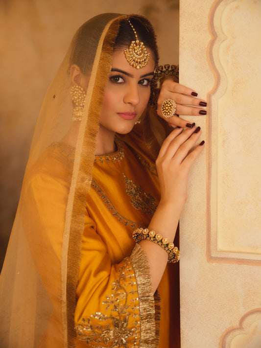 TAJRA MUSTARD ZERO-NECK A-LINE KURTA SET