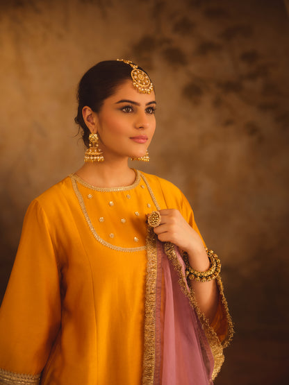 GULBANO MUSTARD ZERO-NECK A-LINE KURTA SET
