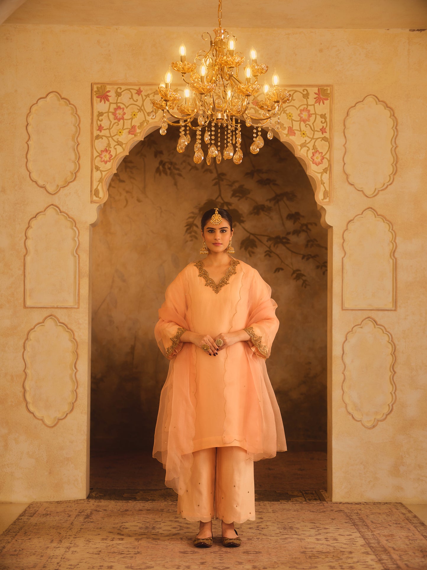 TAJRA PEACH V-NECK ORGANZA A-LINE KURTA SET