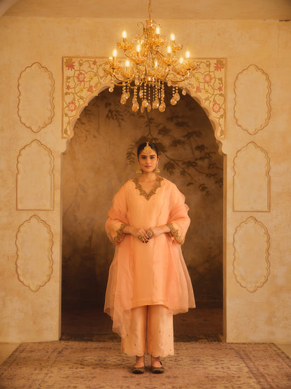 TAJRA PEACH V-NECK ORGANZA A-LINE KURTA SET
