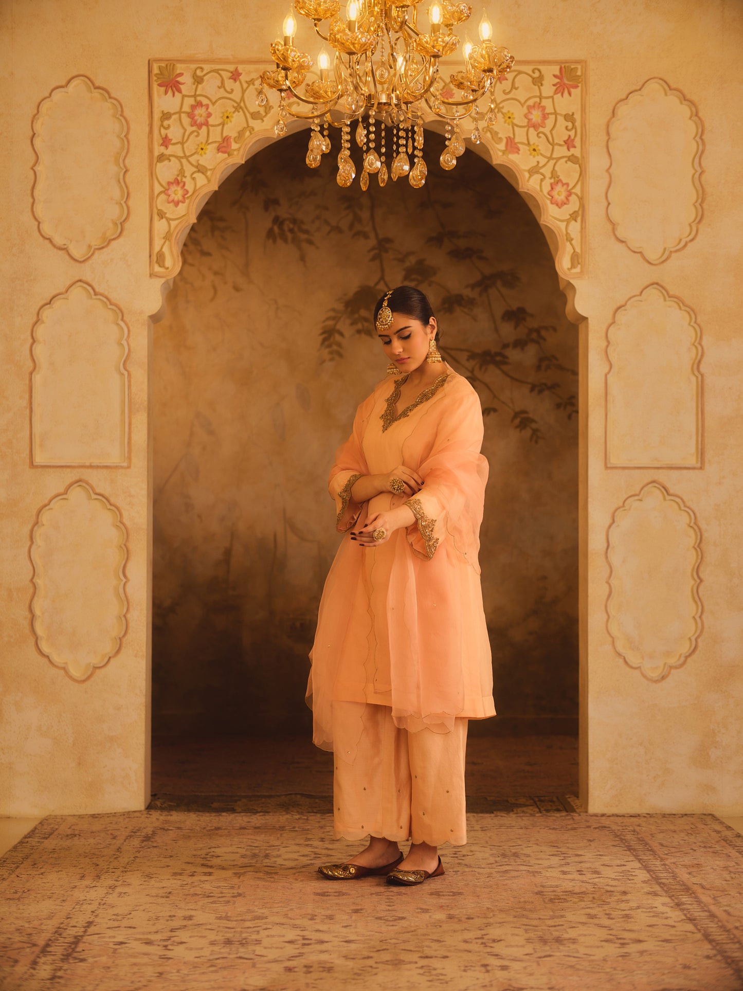 TAJRA PEACH V-NECK ORGANZA A-LINE KURTA SET