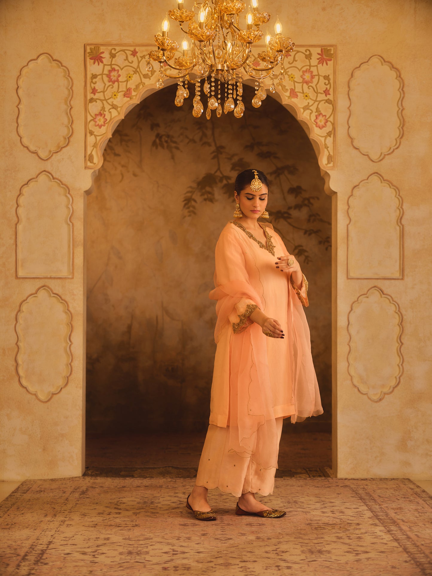 TAJRA PEACH V-NECK ORGANZA A-LINE KURTA SET