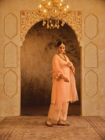 TAJRA PEACH V-NECK ORGANZA A-LINE KURTA SET