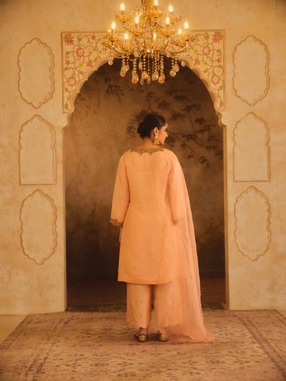 TAJRA PEACH V-NECK ORGANZA A-LINE KURTA SET