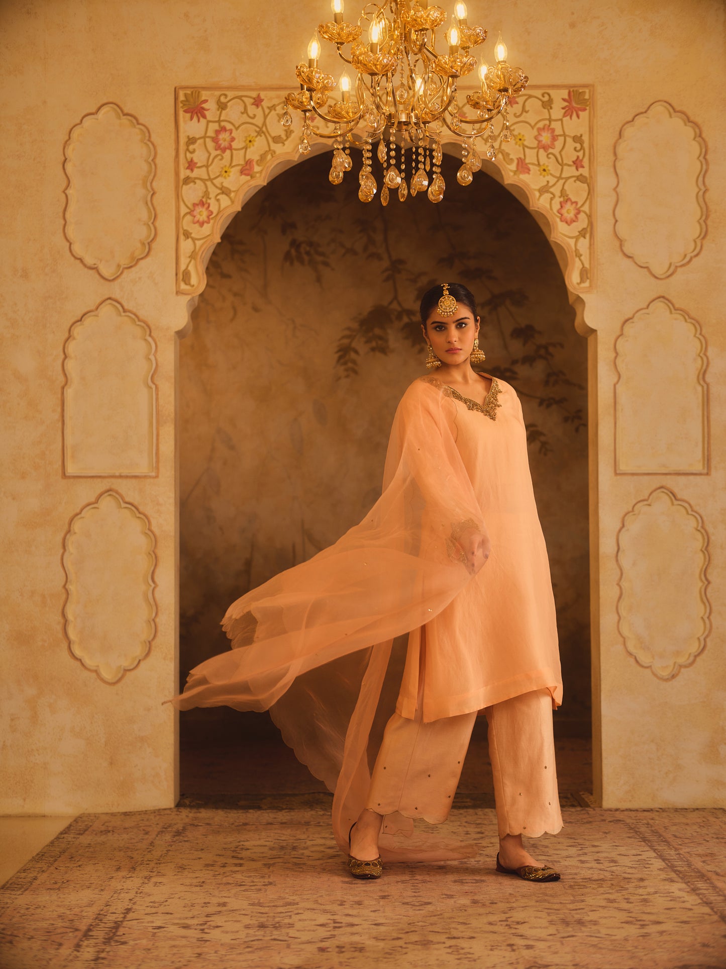 TAJRA PEACH V-NECK ORGANZA A-LINE KURTA SET