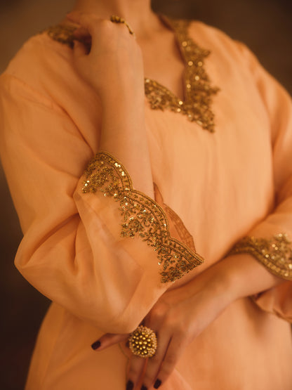 TAJRA PEACH V-NECK ORGANZA A-LINE KURTA SET