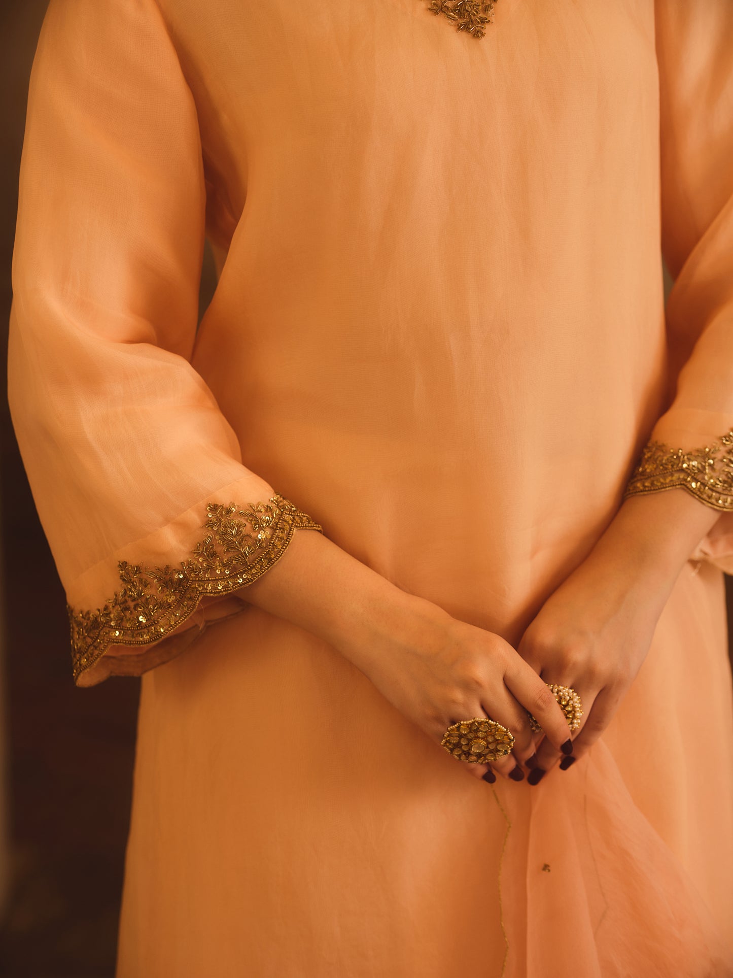 TAJRA PEACH V-NECK ORGANZA A-LINE KURTA SET