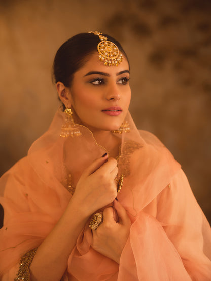 TAJRA PEACH V-NECK ORGANZA A-LINE KURTA SET