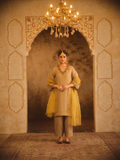 TAJRA GREEN V-NECK ORGANZA A-LINE KURTA SET