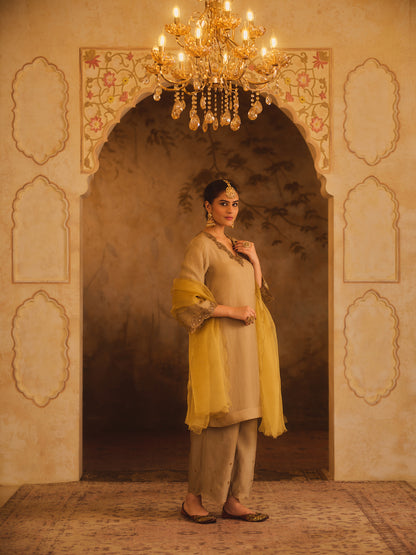 TAJRA GREEN V-NECK ORGANZA A-LINE KURTA SET