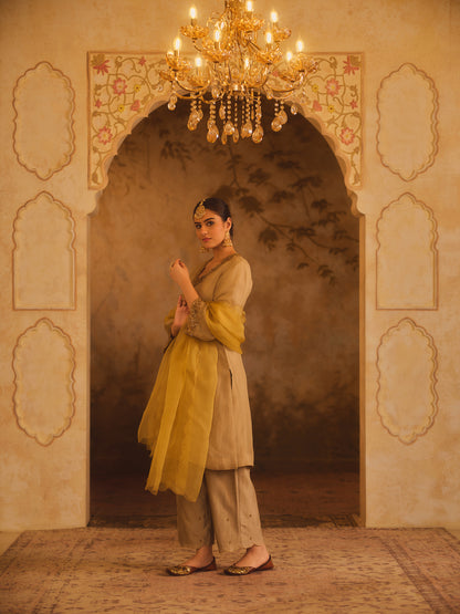 TAJRA GREEN V-NECK ORGANZA A-LINE KURTA SET