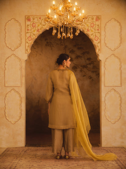 TAJRA GREEN V-NECK ORGANZA A-LINE KURTA SET