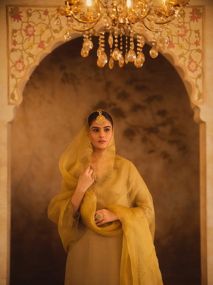 TAJRA GREEN V-NECK ORGANZA A-LINE KURTA SET