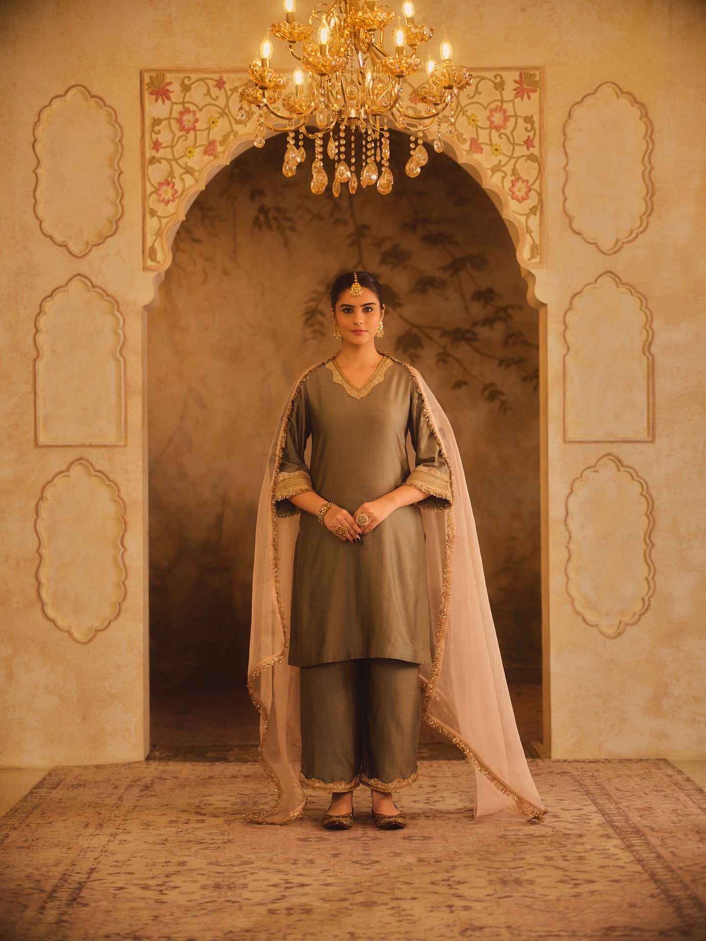 GULBANO GREEN V-NECK A-LINE KURTA SET