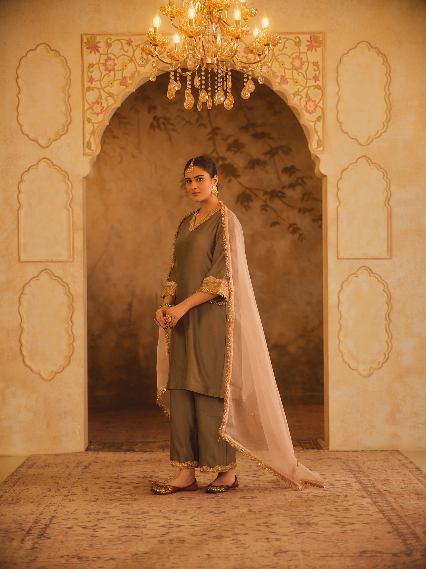 GULBANO GREEN V-NECK A-LINE KURTA SET