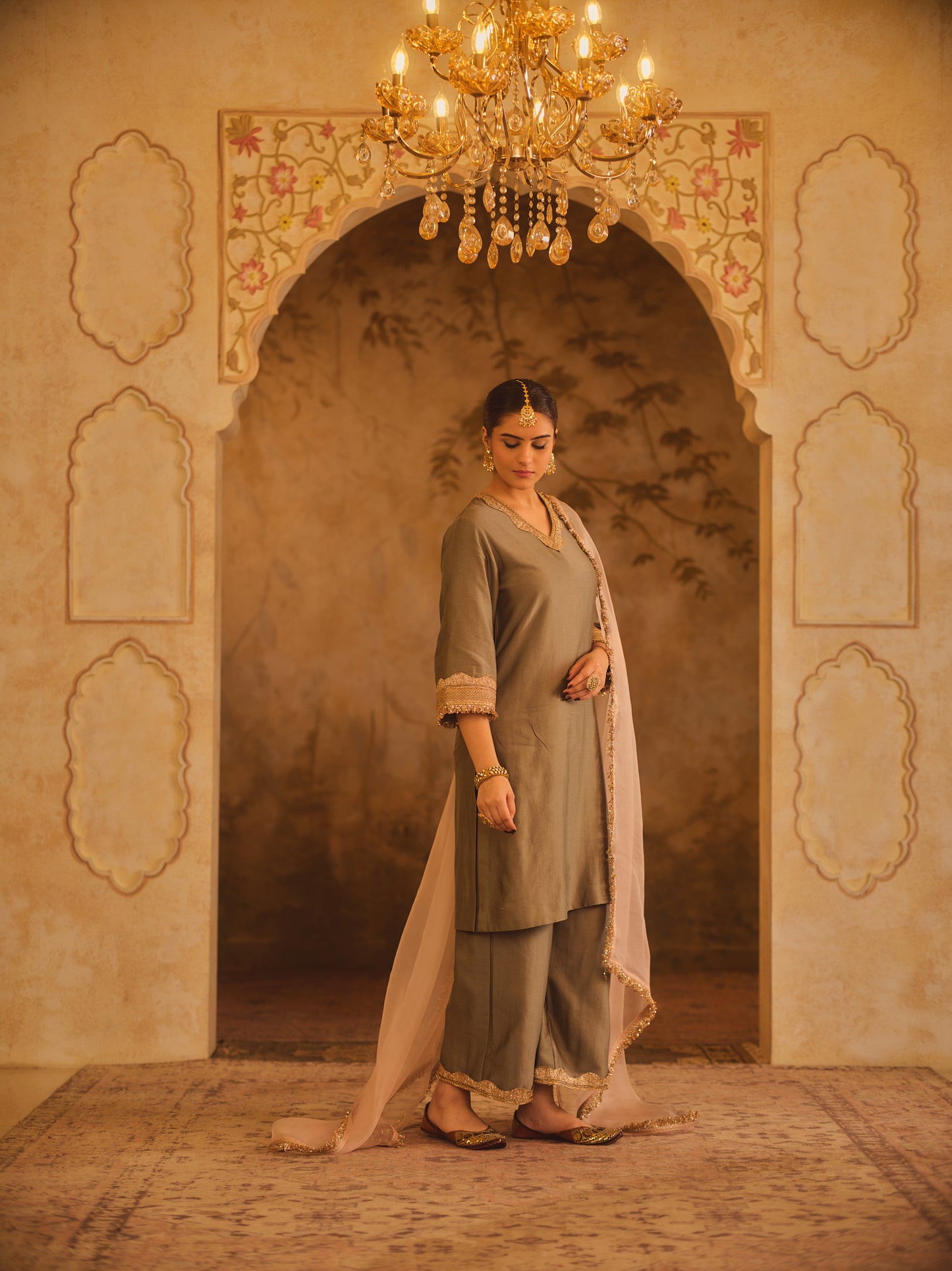 GULBANO GREEN V-NECK A-LINE KURTA SET
