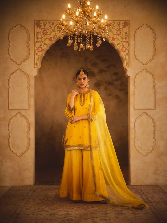 HOOR-E-MAHAL YELLOW OMBRE KURTA SHARARA SET