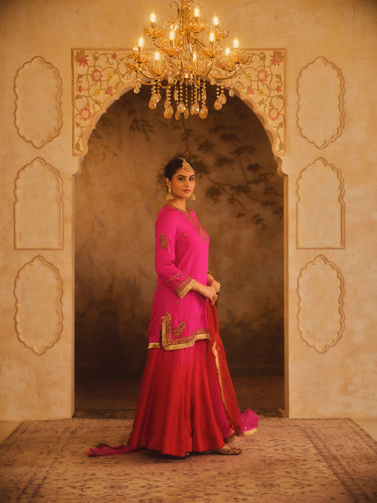 HOOR-E-MAHAL PINK & RED OMBRE KURTA SHARARA SET
