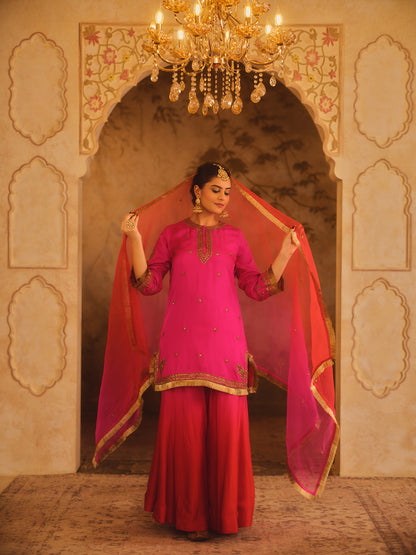 HOOR-E-MAHAL PINK & RED OMBRE KURTA SHARARA SET