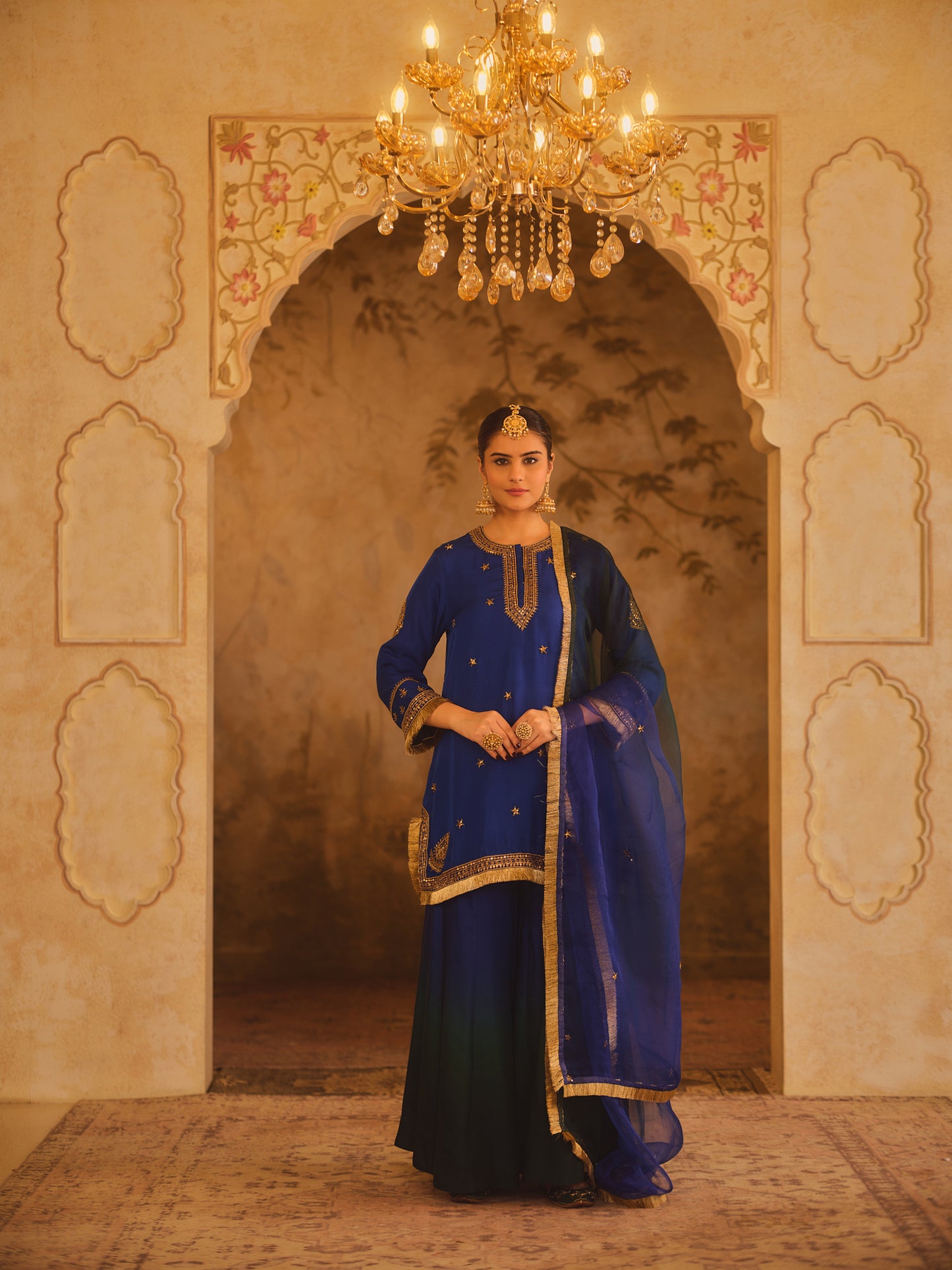 HOOR-E-MAHAL BLUE & GREEN OMBRE KURTA SHARARA SET
