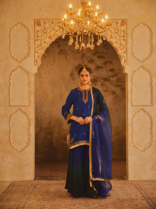 HOOR-E-MAHAL BLUE & GREEN OMBRE KURTA SHARARA SET