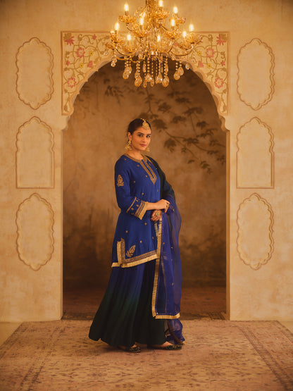 HOOR-E-MAHAL BLUE & GREEN OMBRE KURTA SHARARA SET