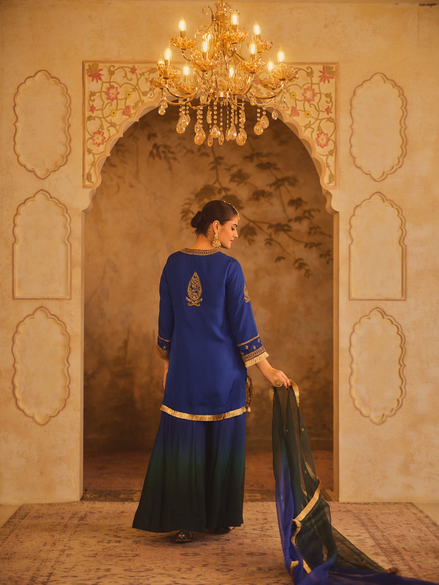 HOOR-E-MAHAL BLUE & GREEN OMBRE KURTA SHARARA SET