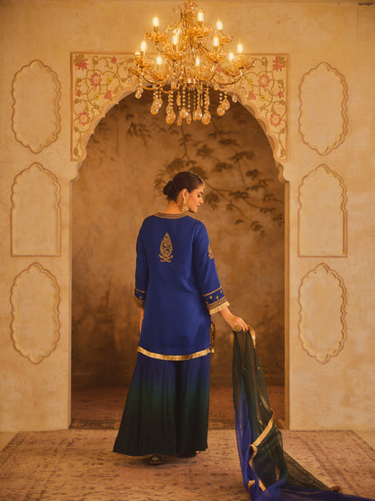 HOOR-E-MAHAL BLUE & GREEN OMBRE KURTA SHARARA SET