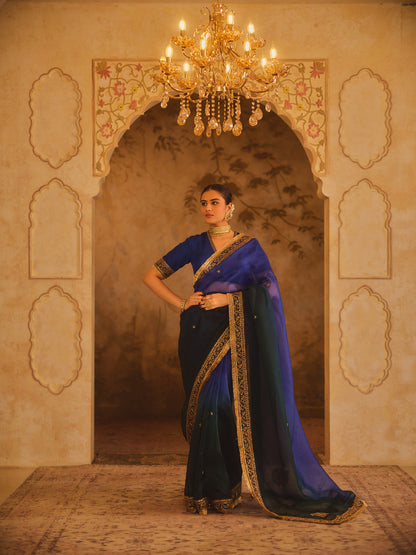 HOOR-E-MAHAL BLUE & GREEN OMBRE ORGANZA SAREE