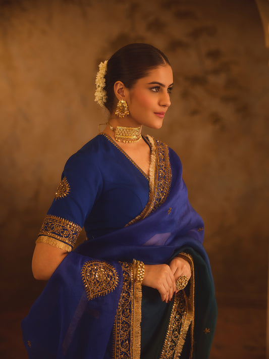 HOOR-E-MAHAL BLUE & GREEN OMBRE ORGANZA SAREE