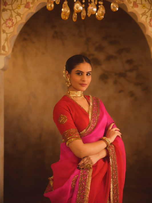 HOOE-E-MAHAL RED & PINK OMBRE ORGANZA SAREE